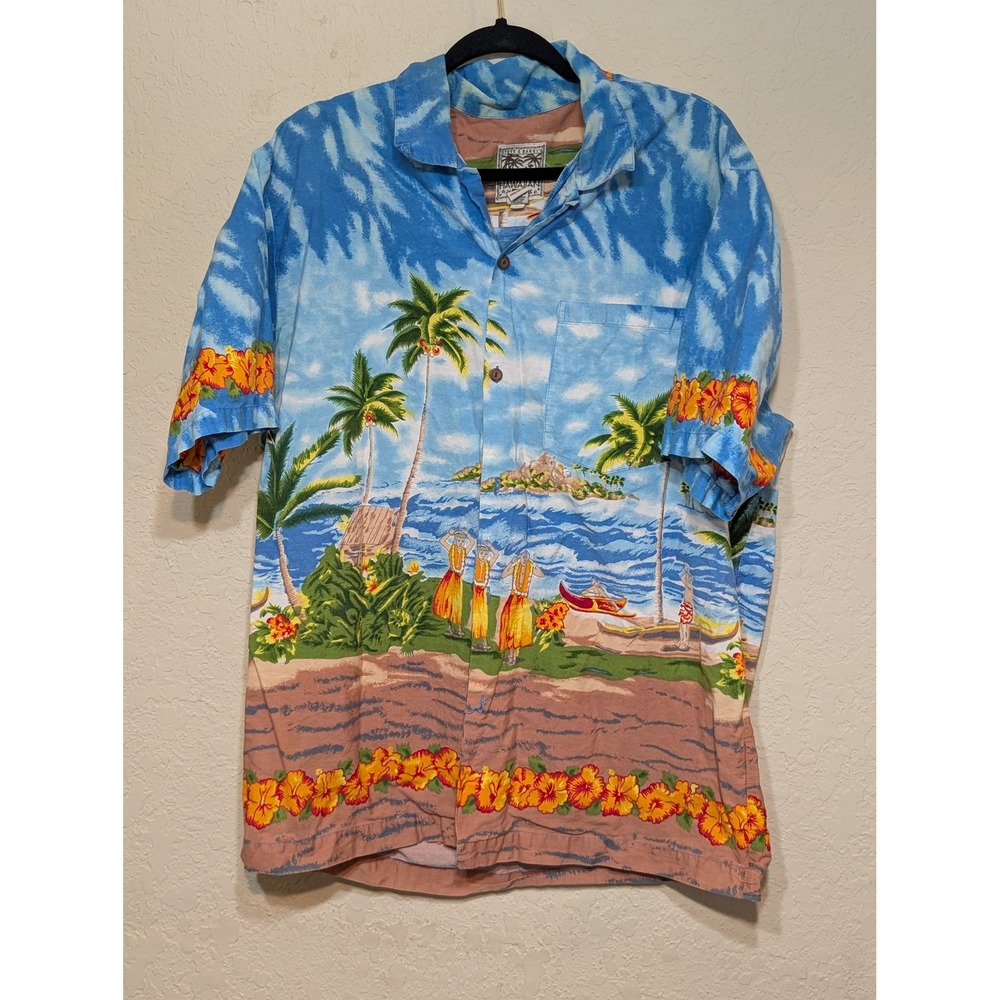 Steve & Barry's Hawaiian Shirt Tropical Hula Palm Trees Blue Classic‎ L